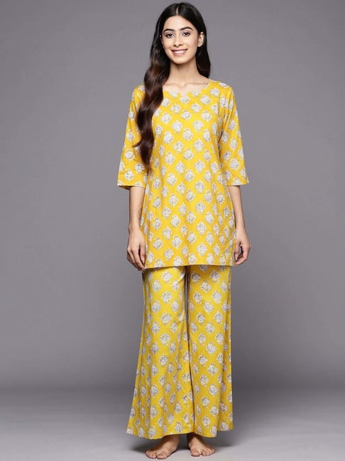 Libas Mustard Cotton Straight Fit Printed Night Suit