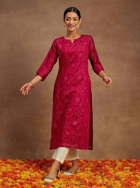 Libas Pink Straight Fit Embroidered Kurta