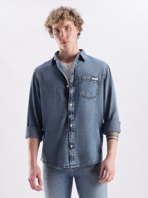 Calvin Klein Jeans Blue Cotton Regular Fit Denim Shirt