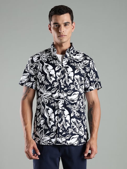 Tommy Hilfiger Navy Cotton Slim Fit Floral Print Shirt-picture-18