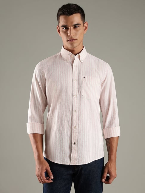 Tommy Hilfiger Pink Linen Regular Fit Striped Shirt