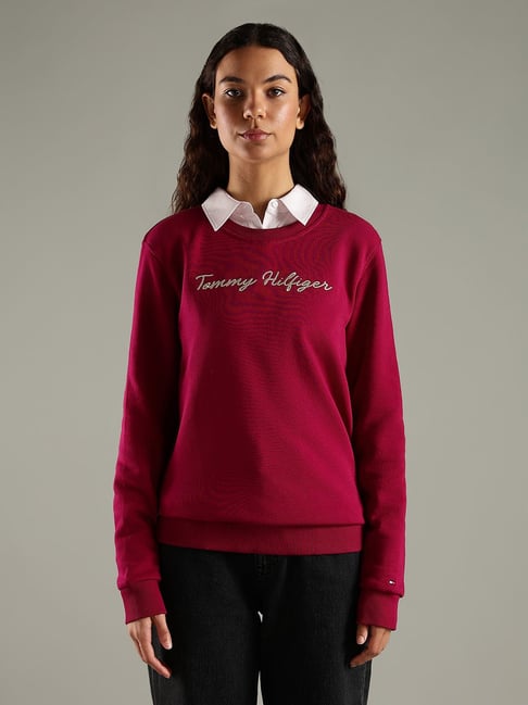 Tommy Hilfiger Maroon Cotton Regular Fit Logo Printed Sweatshirt-image-14
