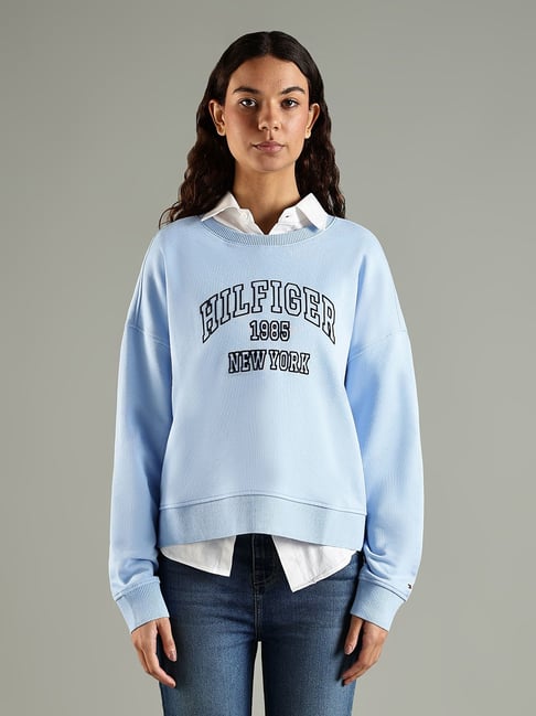 Tommy Hilfiger Blue Cotton Regular Fit Logo Printed Sweatshirt