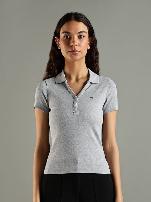 Tommy Hilfiger Grey Cotton Slim Fit Texture Polo T-Shirt