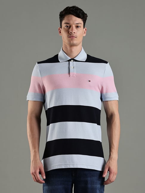 Tommy Hilfiger Blue Cotton Regular Fit Striped Polo T-Shirt