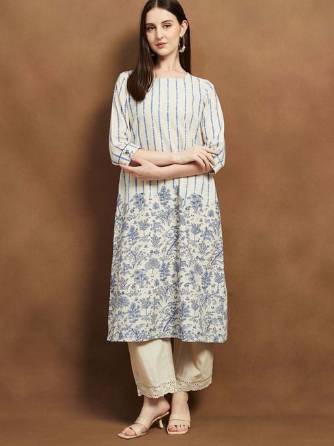 Melange By Lifestyle Off White Cotton Regular Fit Printed Kurta-picture-36