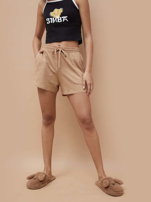 Ginger By Lifestyle Light Brown Cotton Regular Fit Shorts