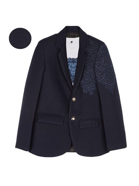 Charchit Boys Navy Cotton Embroidered Comfort Fit Blazer with T-Shirt