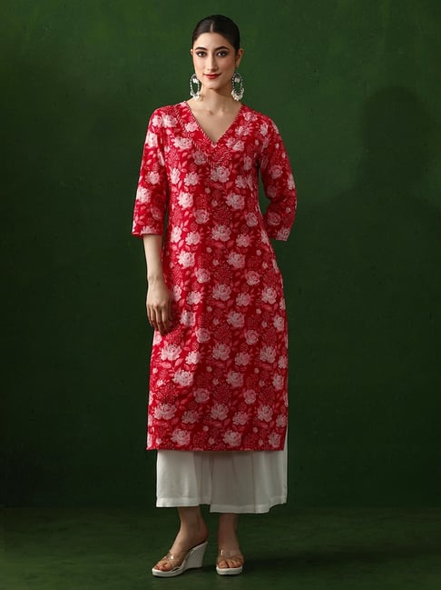 Jaipur Kurti Red Cotton Printed Kurta