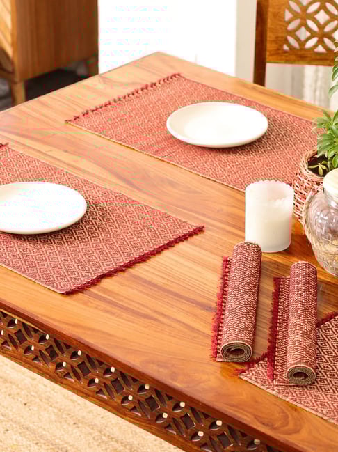 Peepul Tree Maroon Natural Plant Fibre Threads Woven Table Placemats - Set of 6