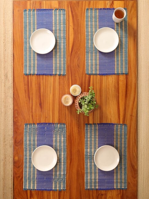 Peepul Tree Teal Natural Plant Fibre Threads Woven Table Placemats - Set of 4-picture-33