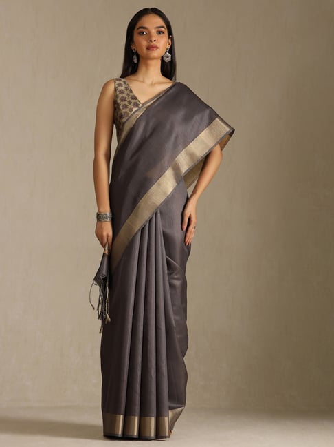 Soch Grey Tussar Solid Saree With Stitched Blouse-picture-24