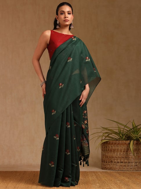 Soch Green Chanderi Floral Saree With Stitched Blouse-picture-37