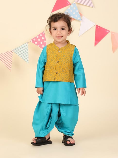 Fabindia Infant Boys Teal Printed Kurta Bottom & Jacket-picture-12