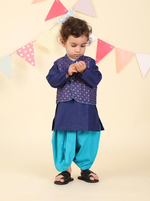 Fabindia Infant Boys Blue Printed Kurta Bottom & Jacket