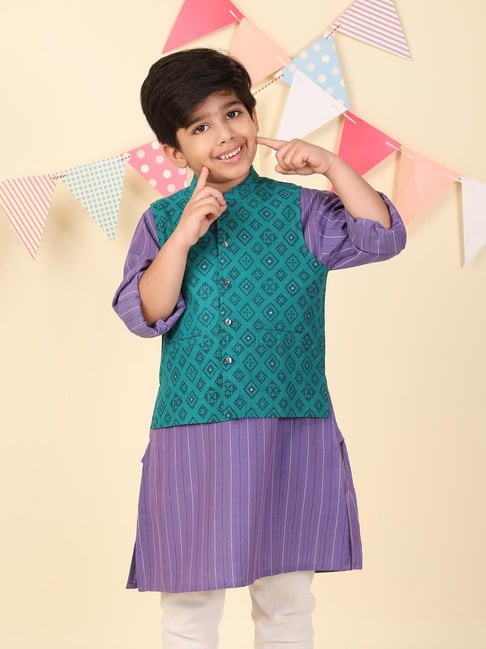 Fabindia Boys Teal Cotton Printed Nehru Jacket-picture-16
