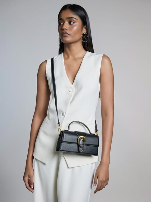 Miraggio Sabrina Black Textured Medium Cross Body Bag