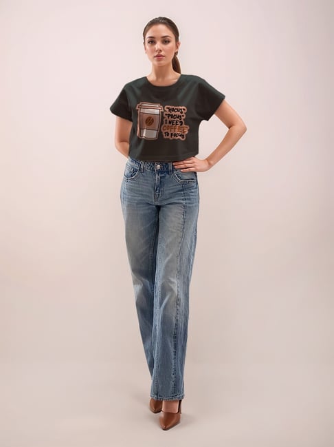 Zink London Black Cotton Graphic Cropped T-Shirt-picture-14