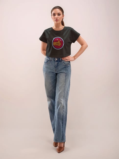 Zink London Black Cotton Graphic Cropped T-Shirt-picture-31