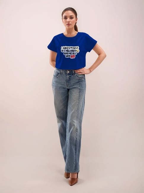 Zink London Blue Cotton Graphic Cropped T-Shirt-picture-25