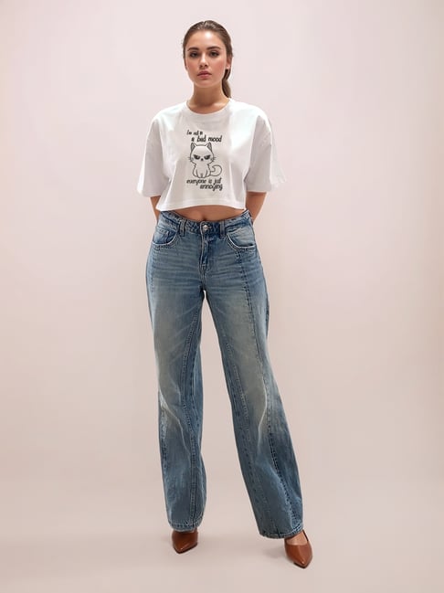 Zink London White Cotton Graphic Cropped T-Shirt-picture-10