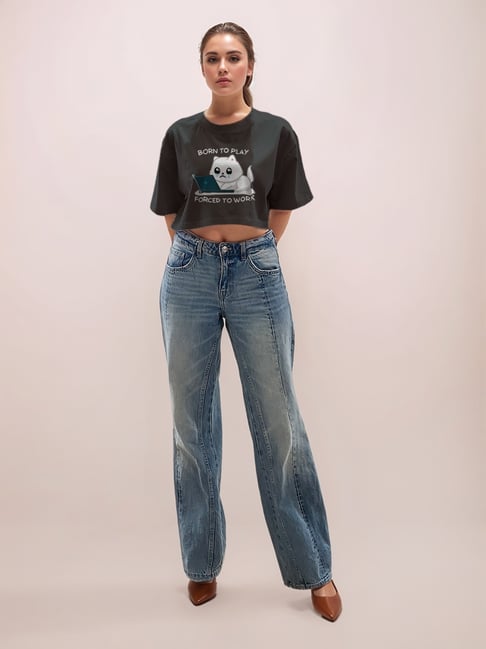 Zink London Black Cotton Graphic Cropped T-Shirt-picture-42