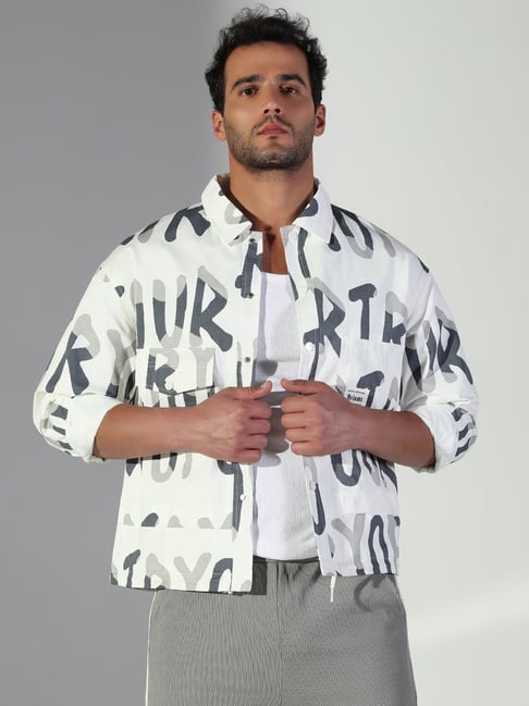 SHOWOFFFF White Cotton Relaxed Fit Printed Shacket-picture-11