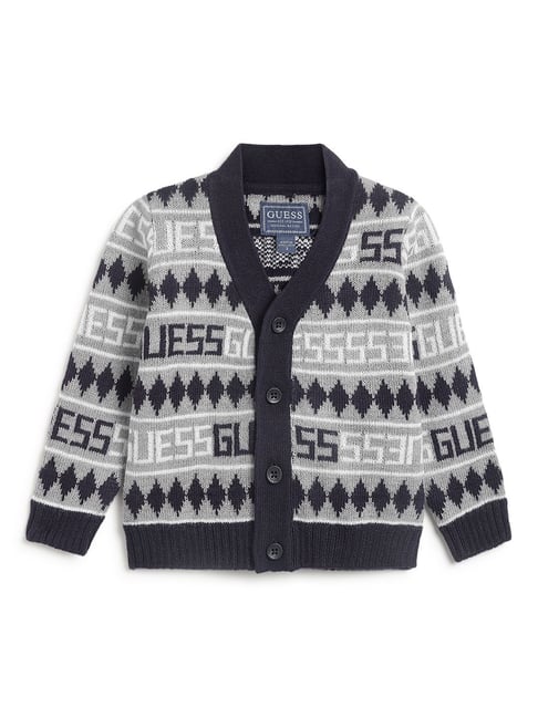 Guess Grey Self Design V-Neck Jacquard Cardigans