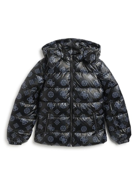 Guess Black Printed Hooded Neck Puffer Jacket