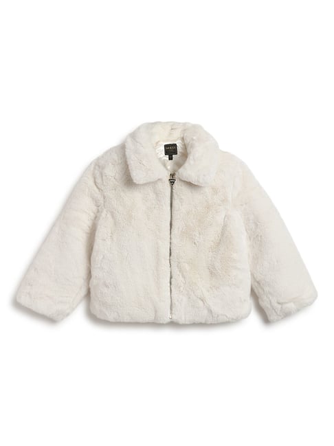 Guess Off White Solid Spread Collar Faux Fur Jacket