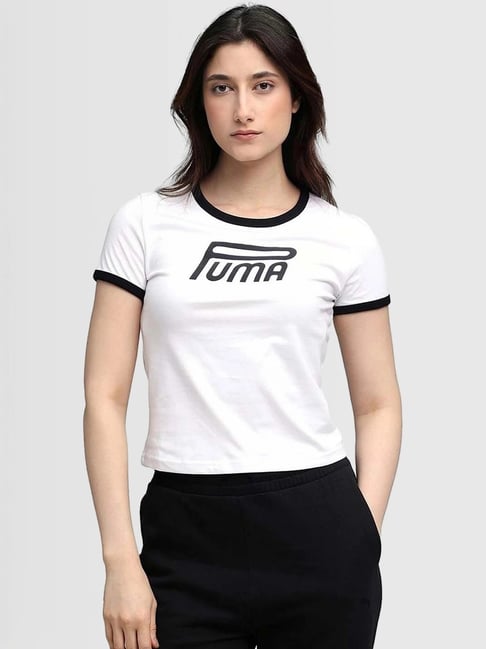 Puma White Cotton Slim Fit Logo Printed T-Shirt