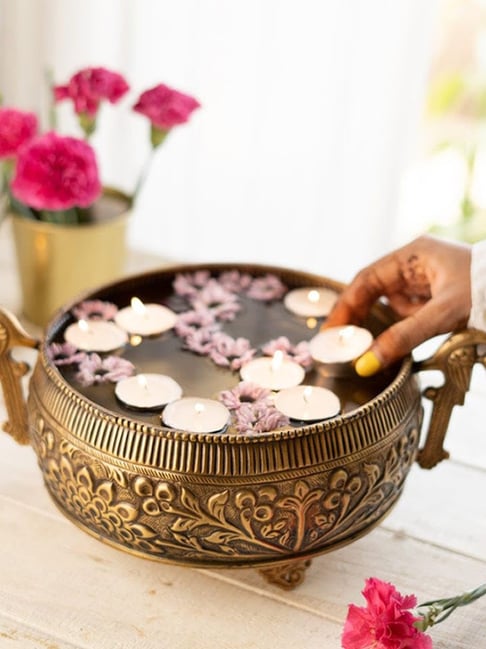 RITUALISTIC Multicolor Brass Peacock Urli for Flower Decoration