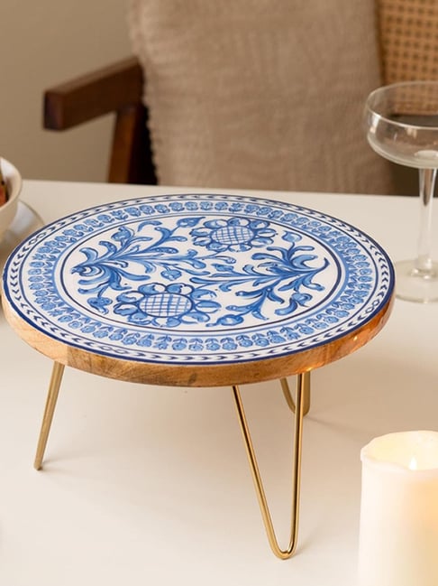 RITUALISTIC Blue Holland Wooden Printed Cake Stand with Metal Legs