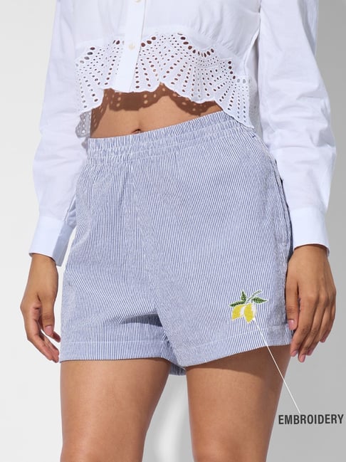 The Souled Store Blue Polyester Embroidered Shorts