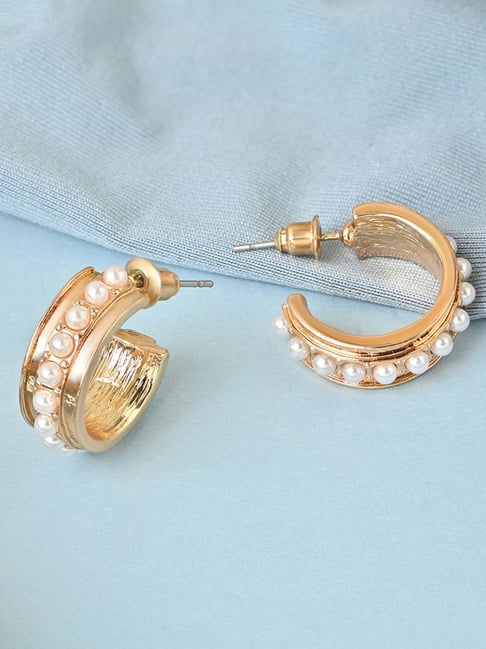 ToniQ Gold Plated Casual Pearl Studded Half Hoop Earrings-picture-32