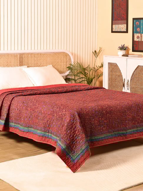 Peepul Tree Chintz Red Cotton Floral Queen Quilt