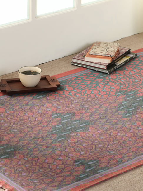 Peepul Tree Teal Cotton Floral Rug (3 x 5 ft)-picture-15