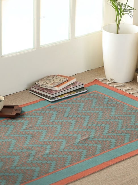 Peepul Tree Teal Cotton Floral Rug (3 x 5 ft)-picture-12