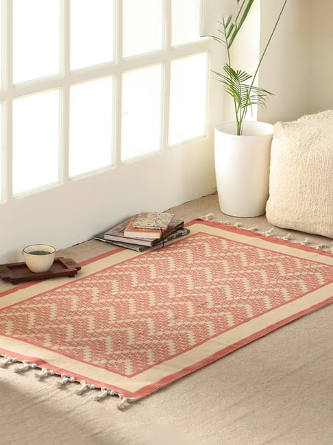 Peepul Tree Ivory Cotton Floral Rug (3 x 5 ft)