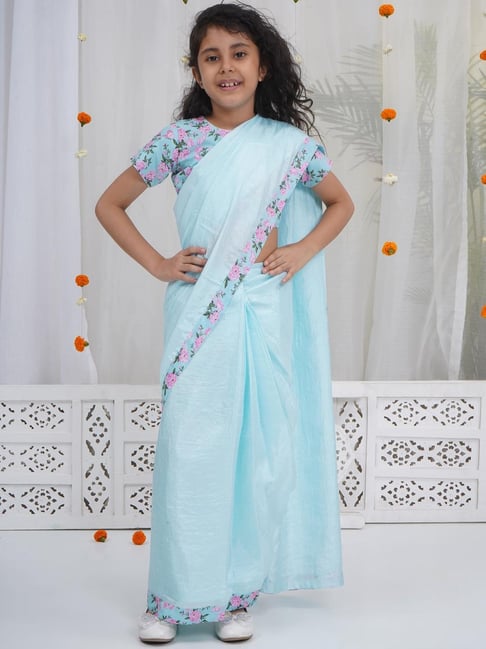 Little Bansi Girls Blue Cotton Floral Print Saree