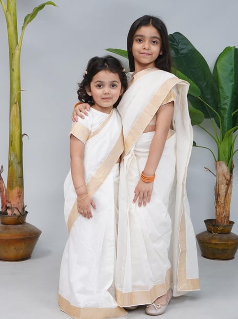 Little Bansi Girls Cream Cotton Saree