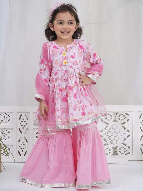 Little Bansi Girls Pink Cotton Floral Print Suit Sets-picture-10