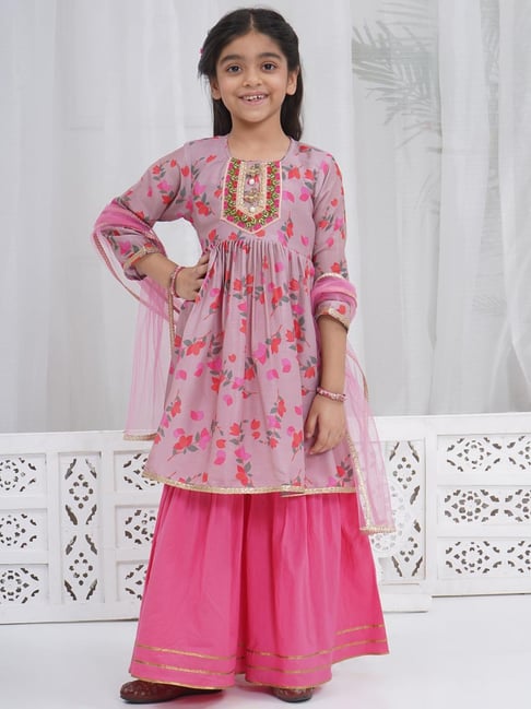 Little Bansi Girls Dusky Rose Cotton Floral Print Suit Sets-picture-14