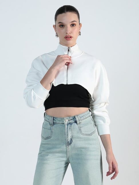 SHOWOFFFF White Cotton Relaxed Fit Crop Top With Inner Tank Top