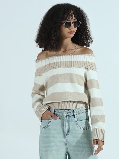 SHOWOFFFF Beige Regular Fit Striped Top