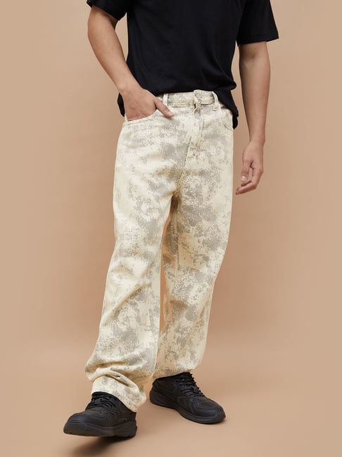 Forca By Lifestyle White Cotton Loose Fit Printed Jeans