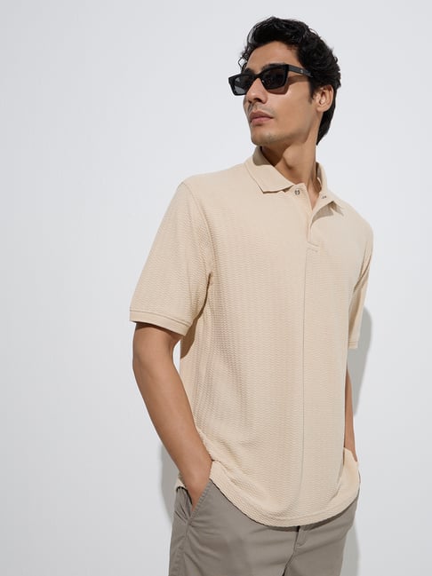 WES Casuals by Westside Beige Self-Textured Relaxed-Fit Polo T-Shirt-picture-23