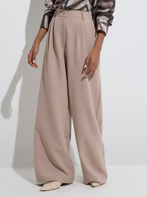 Wardrobe by Westside Taupe Solid Wide-Leg High-Rise Trousers