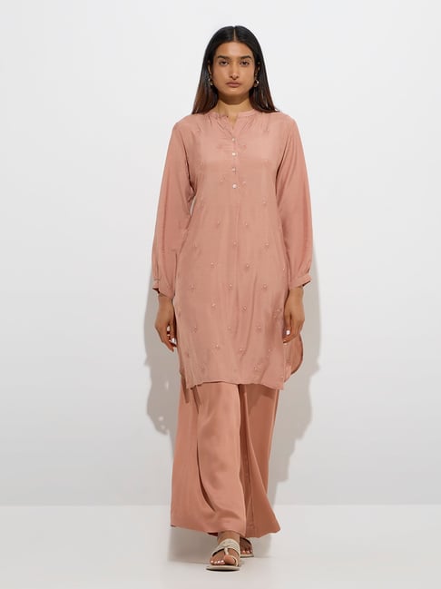 Zuba by Westside Dusty Pink Floral Embroidered A-Line Kurta
