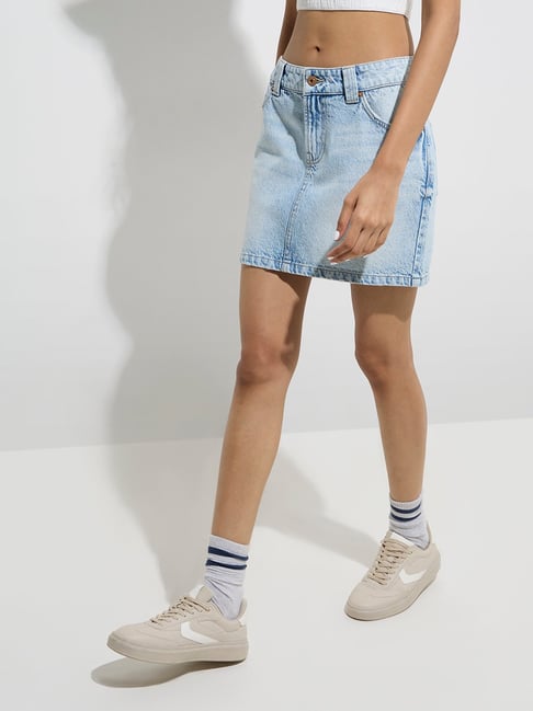Nuon by Westside Light Blue Washed Mid-Rise Denim Skirt